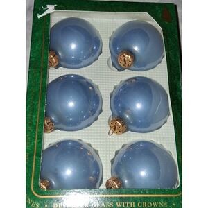 Vintage Christmas by Krebs Blue Indent Glass Ornaments Set of 6 Made in USA Box